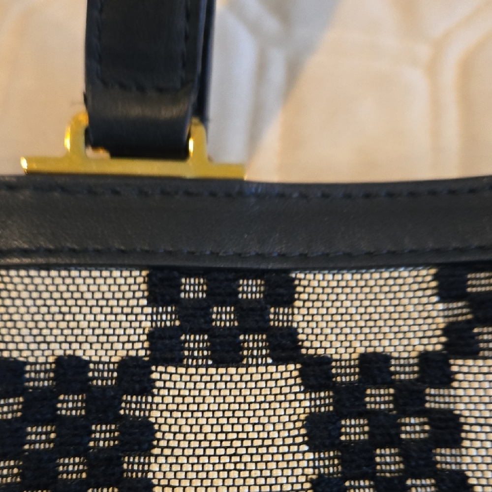 Price Drop! Furla Brand Checkered Black Leather Tan Linen Tote Bag 15x16. As New - Picture 4 of 7